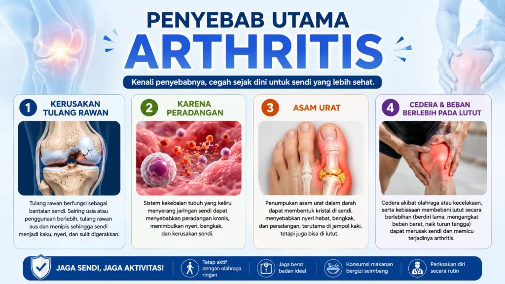 arthritis bisa dipicu oleh kerusakan tulang rawan, karena peradangan, asam urat, cedera & beban berlebih pada lutut