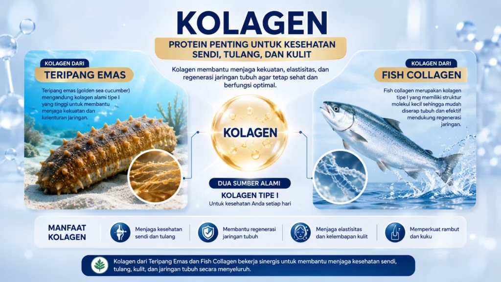 teripang emas atau gamat adalah sumber kolagen alami yang bermanfaat untuk menjaga kekuatan dan elastisitas jaringan pada tubuh termasuk sendi